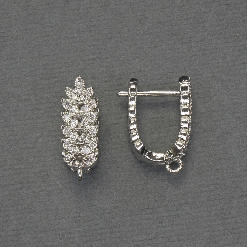 Швензи за обеци със бели кристали, сребрист метал, 18×6,5 мм - двойка