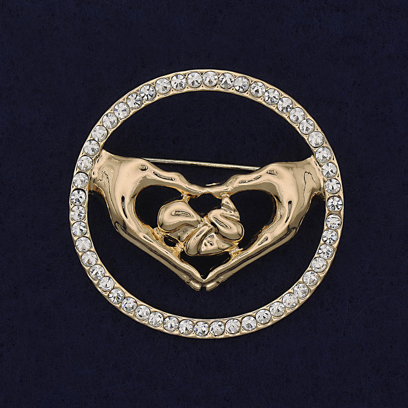 Брошка „Сърце“ със бели стрази, златист метал, 38 мм+