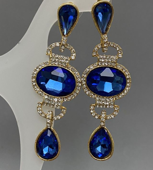 Обици пусети със сини кристали 23x70 мм ± бели стрази