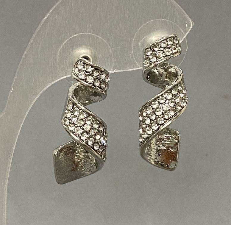 Обеци с копчета със бели кристали, диаметър около 10×28 мм, сребрист метал