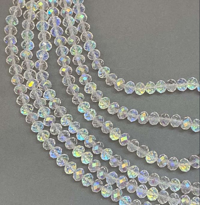 Мънисти чешки кристал на конец бял прозрачен с бензиново покритие гранован рондел, диаметър 8×6 мм + -, дължина 39 см +