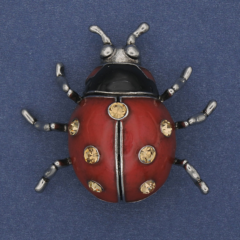 Брошка‑висулка «Слънчице» с червена емал и жълти кристали, сребрист метал 42×47 мм