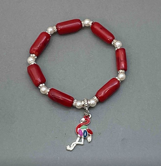 Гривна от естествен корал фасетиран 20х9 мм, Майорка перли 6 мм, с метални вложки, дължина 18 мм, еластичен