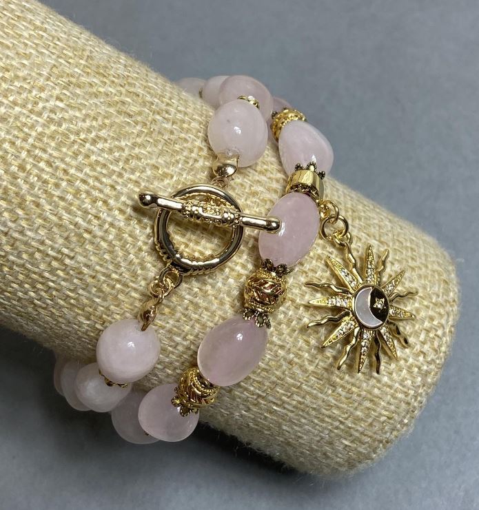 Комплект гривни от розов кварц, гранени мъниста 12x10 мм, дължина 20 мм +-