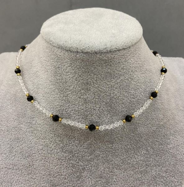 Чокер от чешки кристал гранен рондел 3x2,5 мм, турмалинова мъниста 4 мм, дължина 38 см + 5 см удължителен синджир