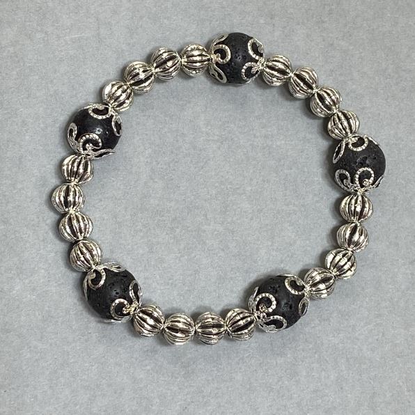 Браслет лавов камък, гладка мъниста, диаметър 10 мм ±, с метални вложки, дължина 18 см ±