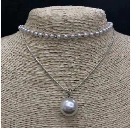 Двоен чокър за шия с перлови акрилни мъниста, диаметър 14 мм, дължина 32–38 см, сив метал