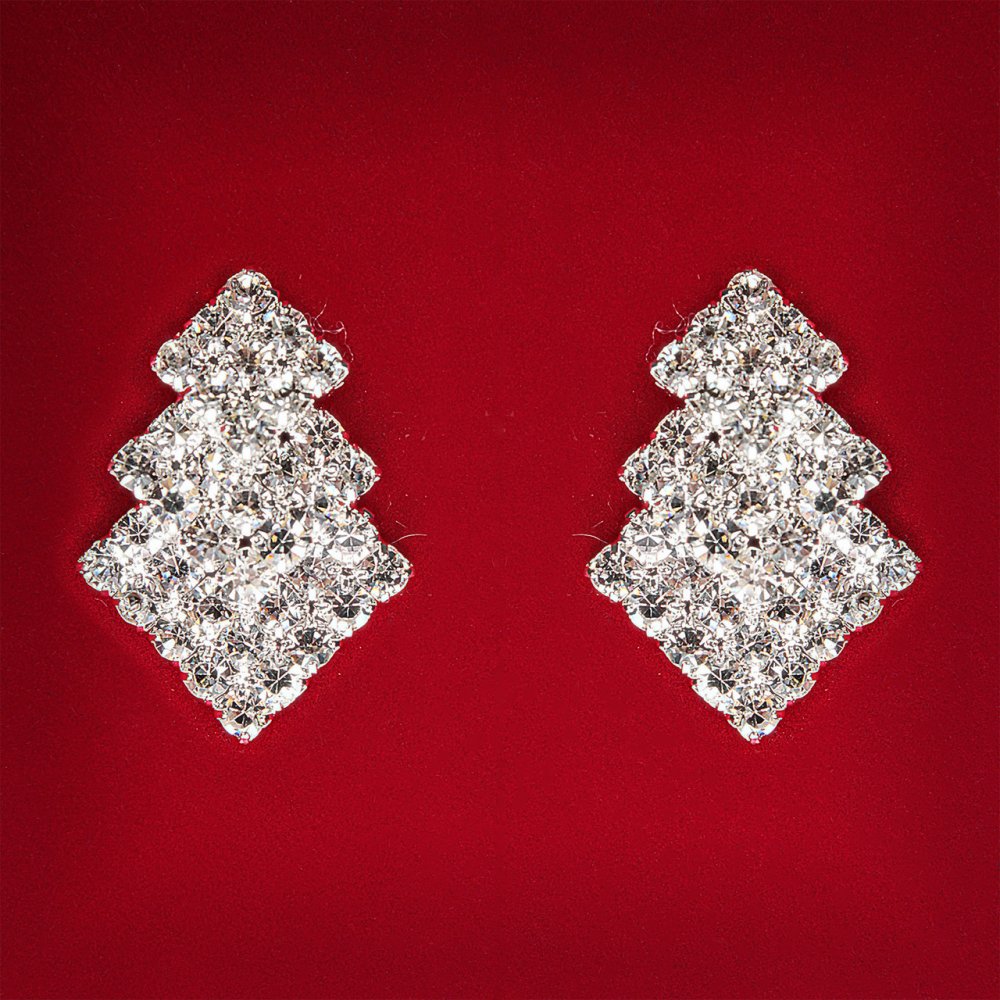 ( 27x18 мм ) Женски обици с бели кристали, светъл метал, сватбени и вечерни пусети, във форма на елха, средни