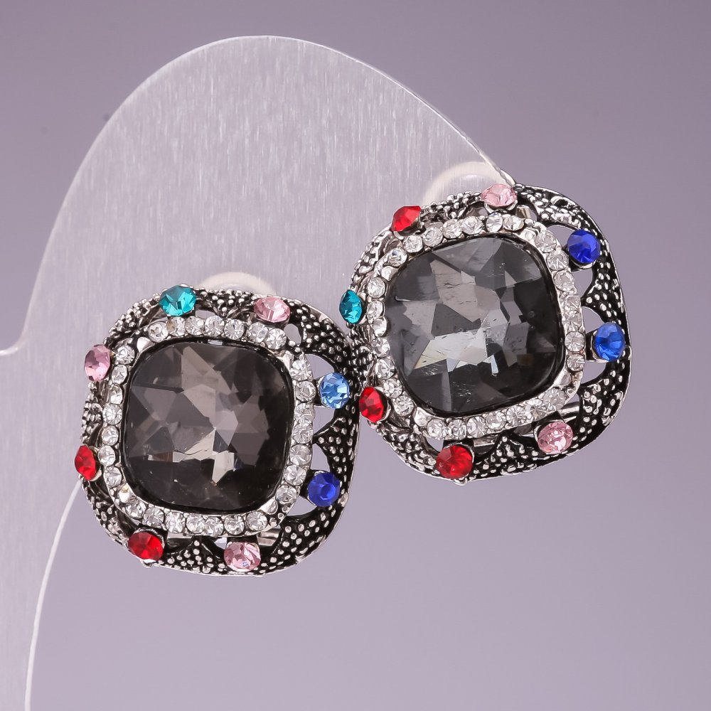 Обеци 2,3 см, дъгови квадратни стрази от кристали, сиви