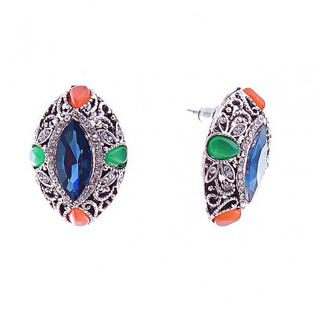 Обeци-пусети със сини кристали маркиз, обков обсипан със стрази, 26 × 19 мм