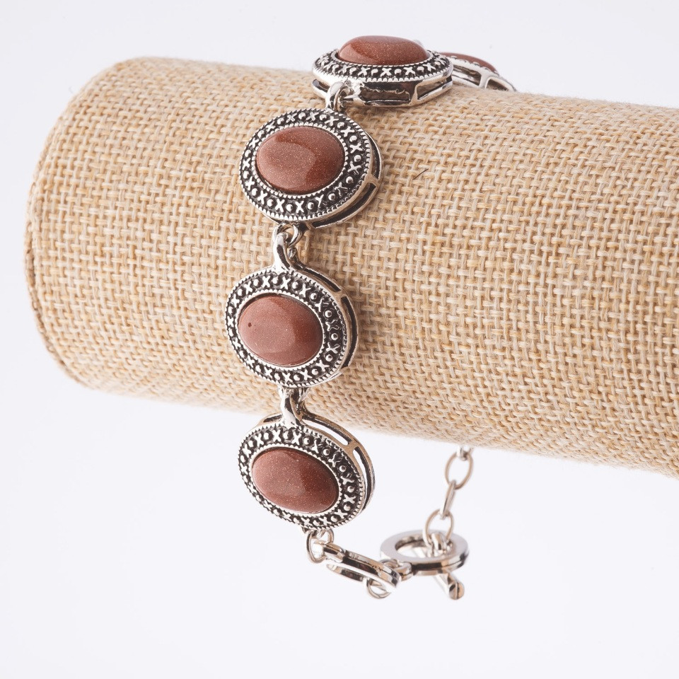 Разпродажба. Браслет от авантюрин „Златен пясък“ обков „капка кръст“ овален камък 22×18 мм, 7 бр., дължина 20–22 см