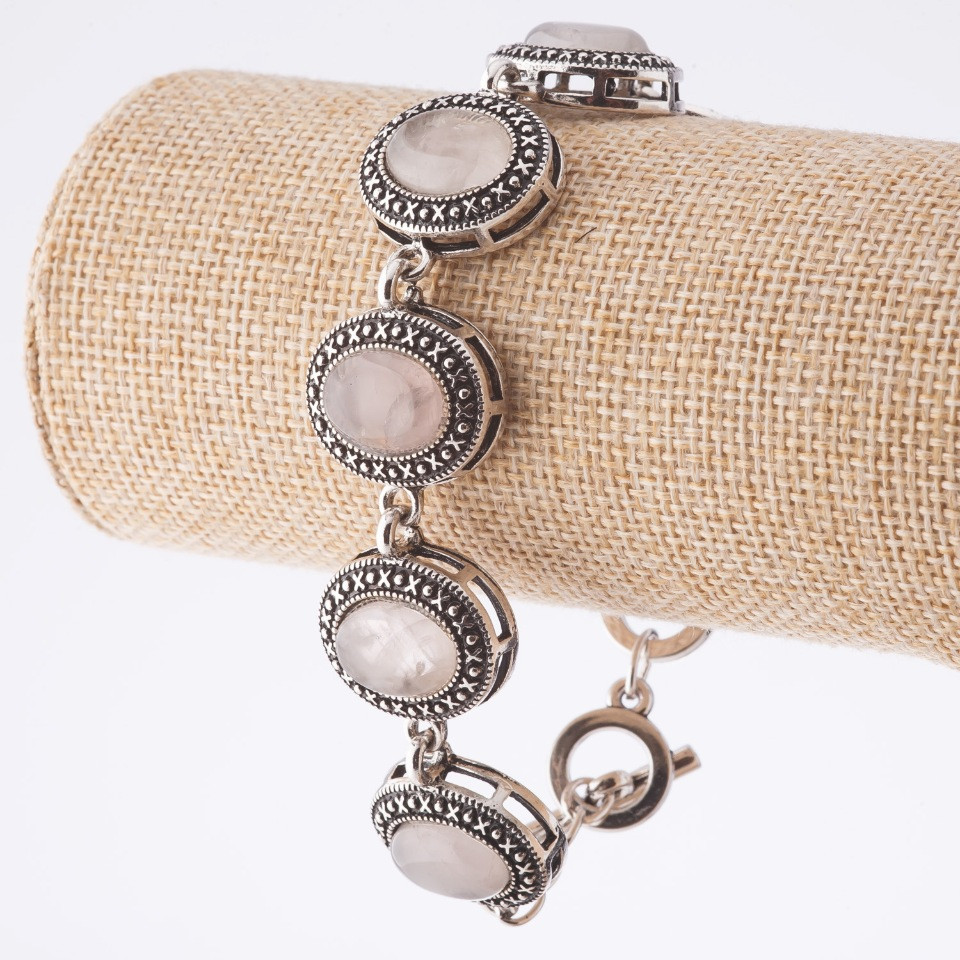 Разпродажба гривна от розов кварц с обков «точка-кръст» овални камъни 22×18 мм 7 бр., дължина 20–22 см