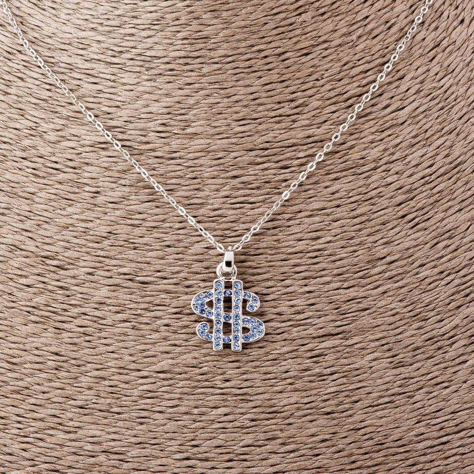 Кулон «Долар» на якорен ланец със светлосини кристали, дължина 52 см, диаметър 2×1,7 см, сребрист метал