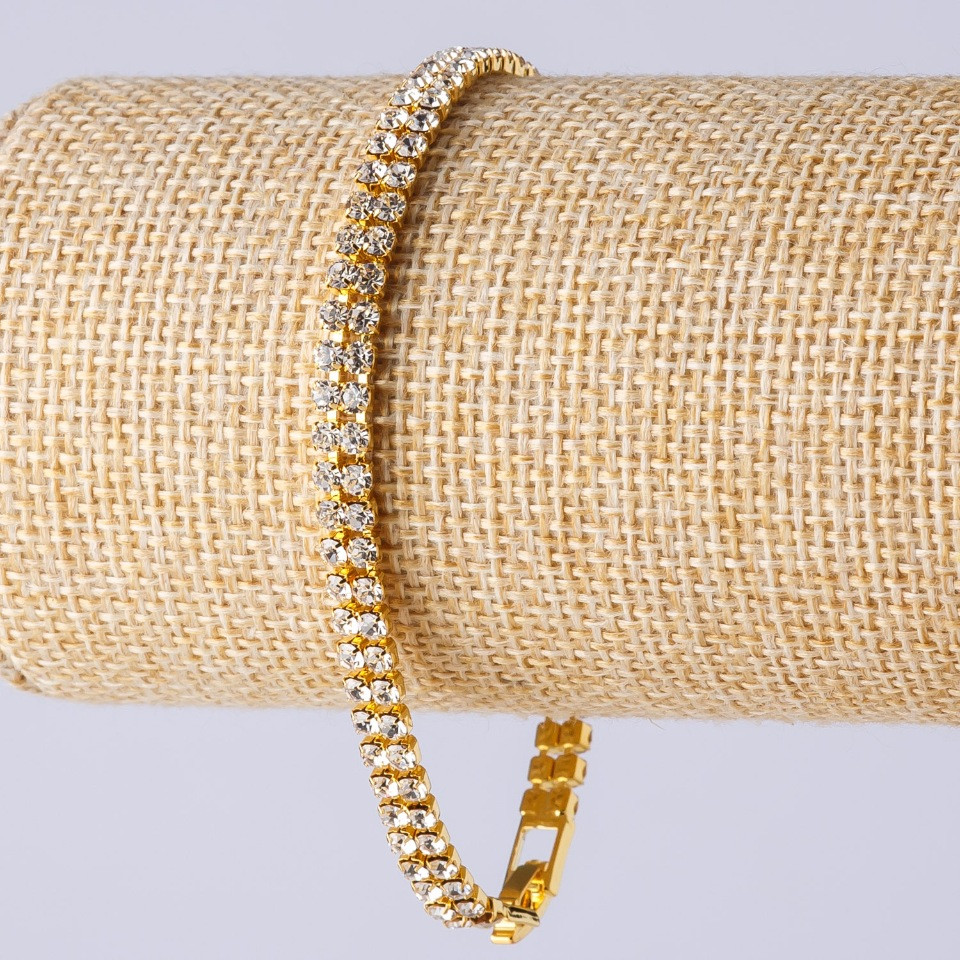 Браслет със кристали на закопчалка двуреден цвят метал «злато», дължина 19 см, ширина 5 мм