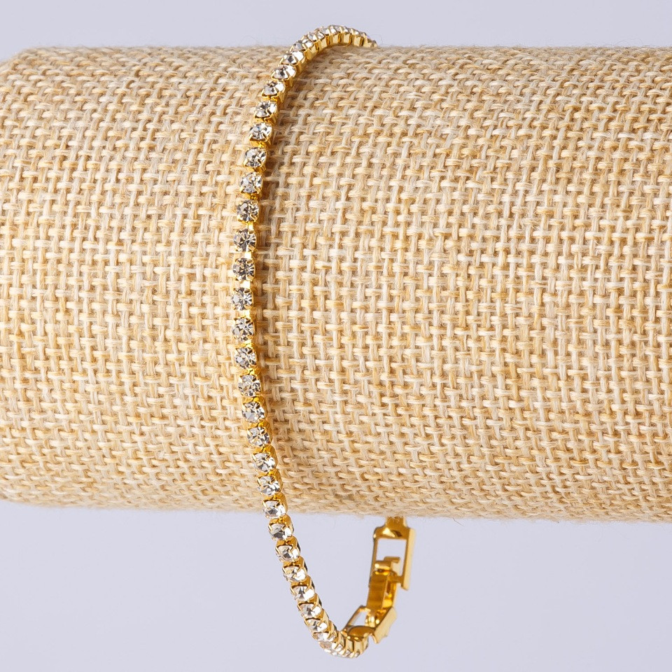 Стразов браслет с закопчалка, едноредов, метален цвят «злато», дължина 20 см, ширина 3 мм