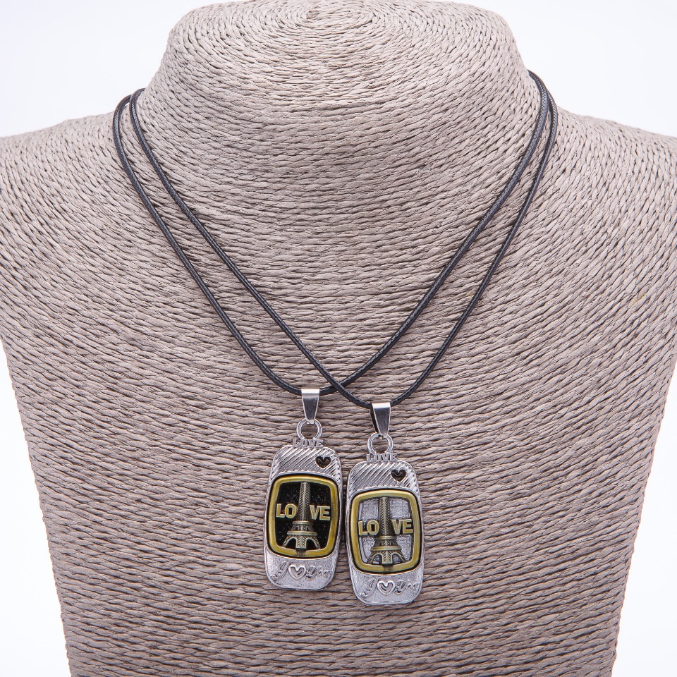 Двойна висулка за приятелство Love на шнур, дължина 45 см, цвят метал сребро и бронза