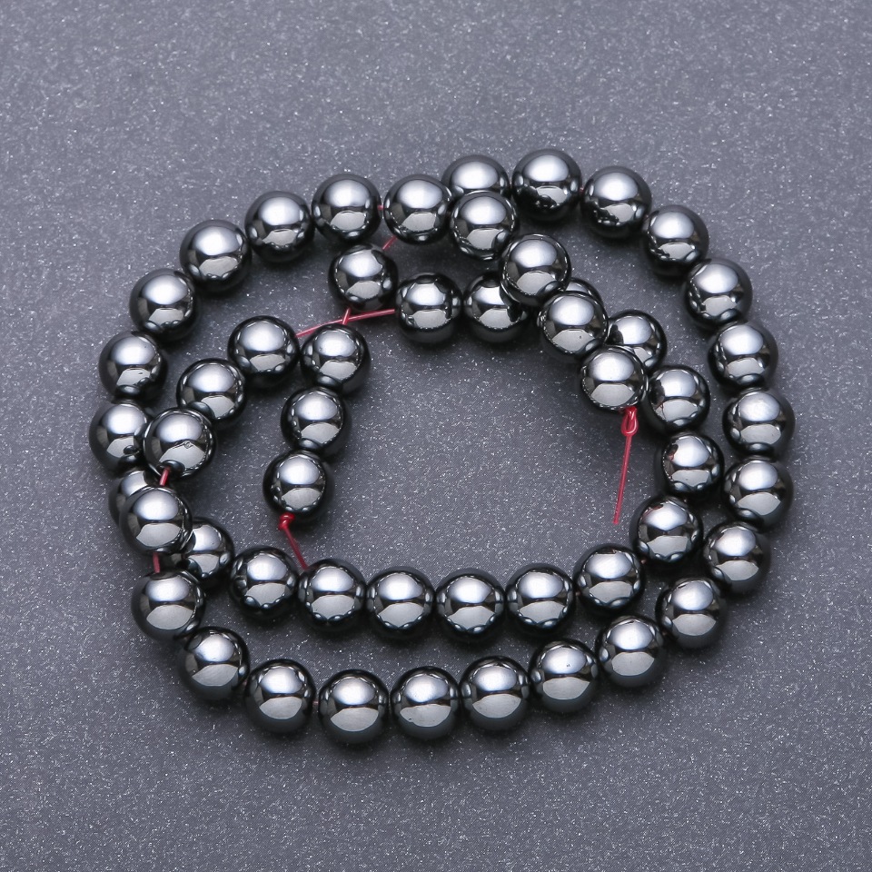 Хематитови мъниста на конец, гладка сферична форма, диаметър 7,5 мм, дължина 40 см