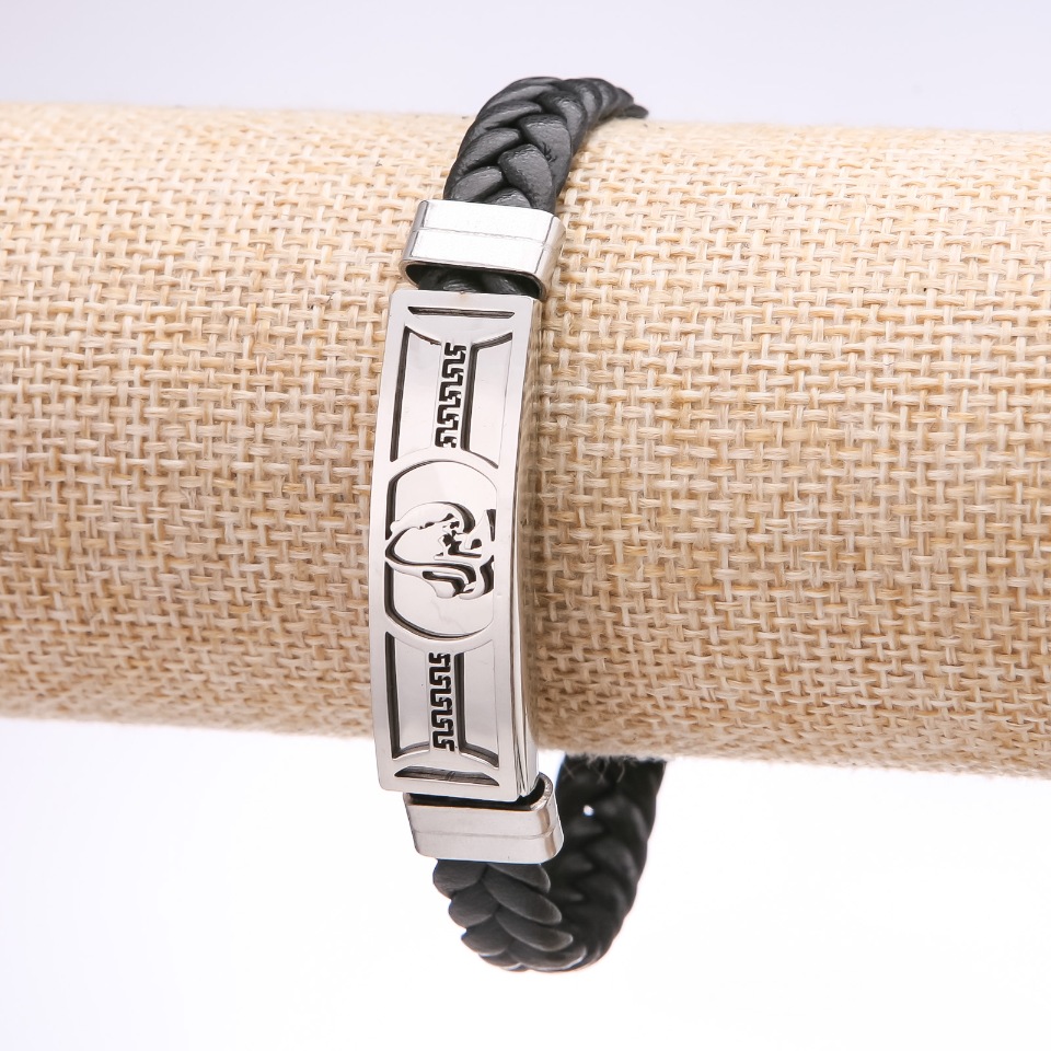 Унисекс гривна с гръцки орнамент, еко кожа, плитка, стоманена планка, дебелина 12 мм, дължина 20 см