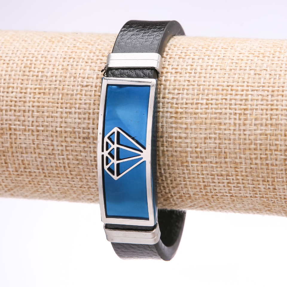 Мъжка гривна Диамант от еко кожа, широка стоманена планка, синя, дебелина 14–16 мм, дължина 20 см