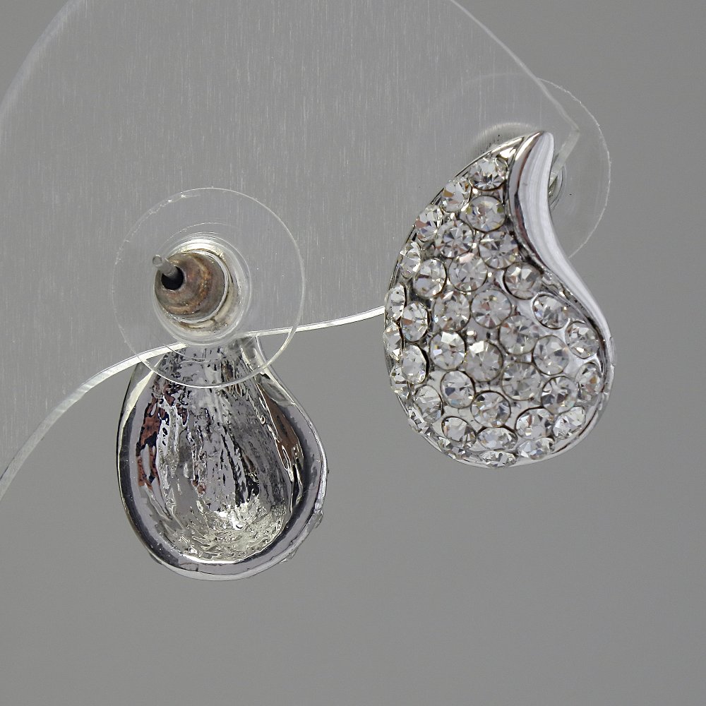 Обеци-пусети със кристали, цвят бял, 12×18 мм, метал сребрист