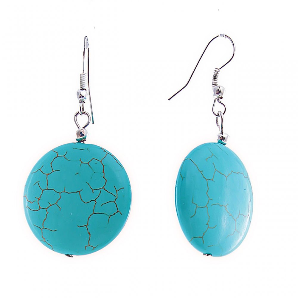 Обеци-висящи с кръгли кабошони под «бирюза», с тънки жилки, 48×23 мм
