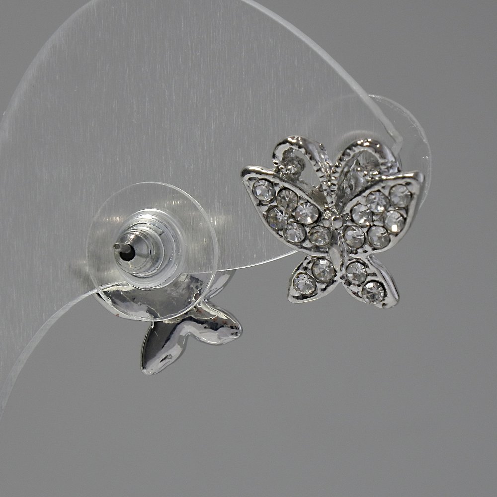Обeци-пусети «Пеперуди», бели стрази, метал под сребро, 1,5 см