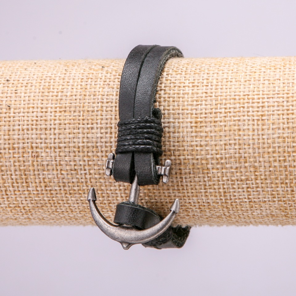 Браслет с якорем, метални вложки, дължина 21 см, дебелина 10 мм, еко кожа, цвят черен