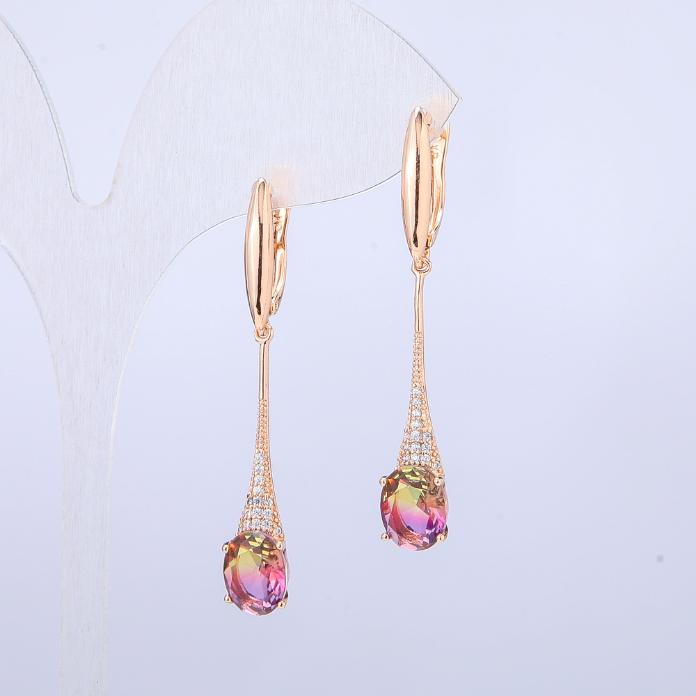 Обеци Xuping позлата 18К със салатово-малинови кристали Swarovski и бели кристали, дължина 46 мм +