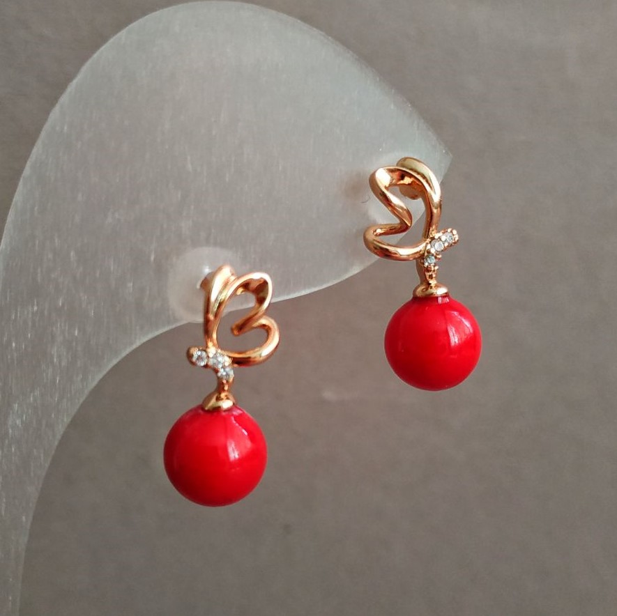 Обeци-пусети Xuping позлатени 18К с червено мънисто и бели кристали +