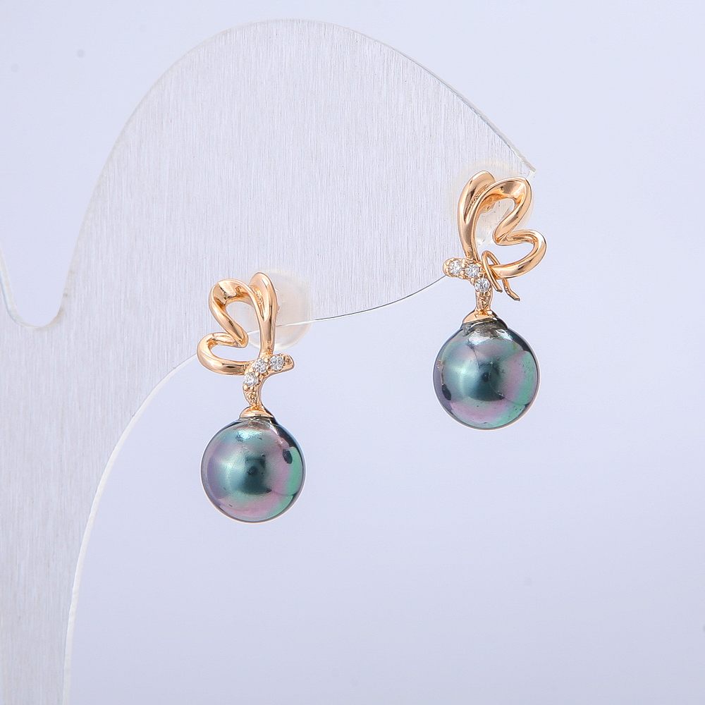 Овеци Xuping позлата 18K с бели кристали и черна бензинова мъниста, диаметър 19х8 мм +