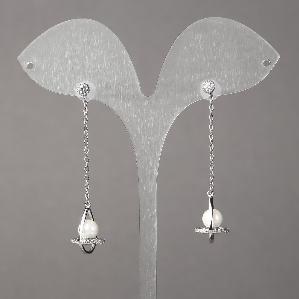 Обeци Xuping родий с бели кристали и мъниста 15×11 мм, дължина 50 мм, дебелина 1,1 мм