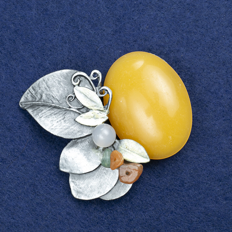 Брошка Клонче с янтар и камъни асортимент, сребрист метал 60х50мм +