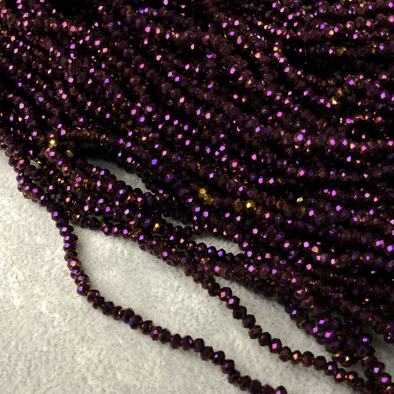 Мънисти от чешки кристал на конец със сливено напыление и нежно бензиново преливане — грановани рондели, диаметър 3×2,5 мм, дължина 36–38 см +
