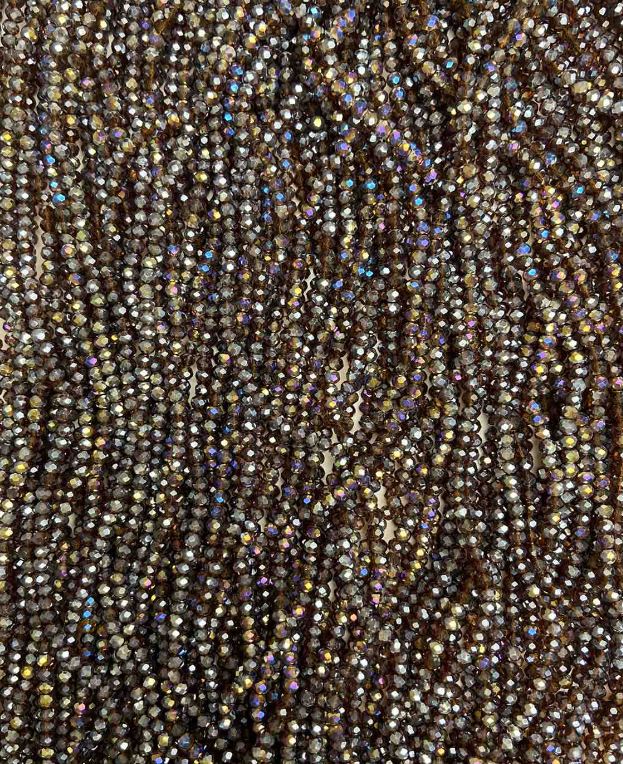 Намистини от чешки кристал на конец кафяви с бензиново напыление, грановани рондели, диаметър 3,5×3 мм + -, дължина около 32 см +