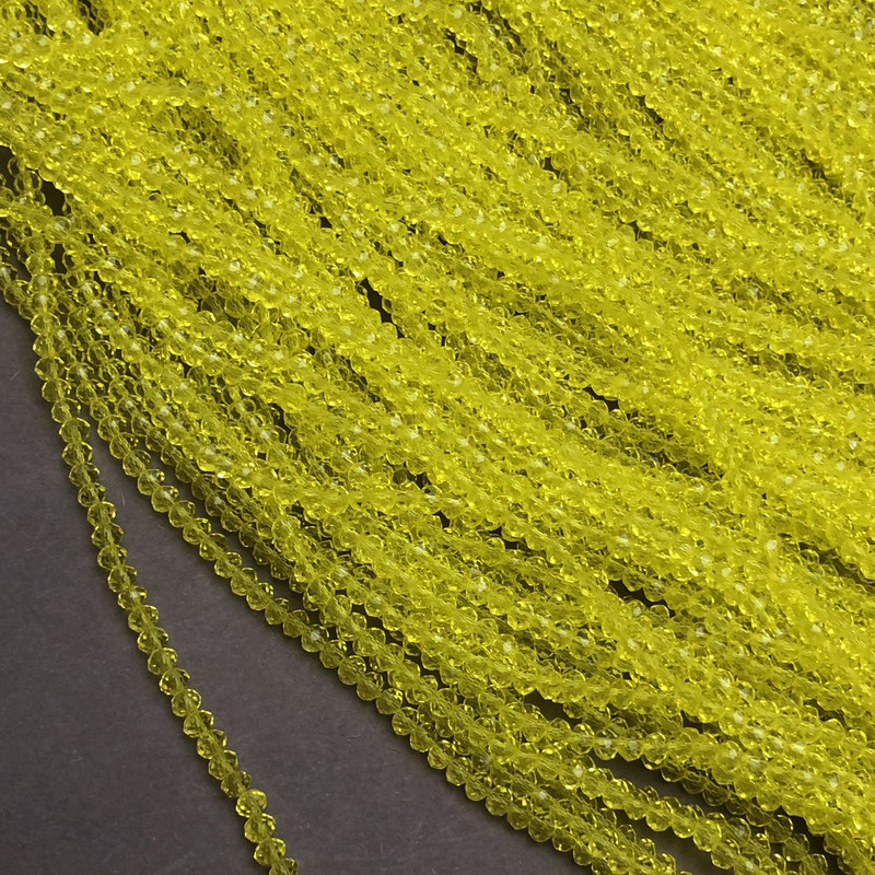 Намистини от чешки кристал на конец, жълти прозрачно грановани рондели, диаметър 3,5×3 мм, дължина 36–38 см