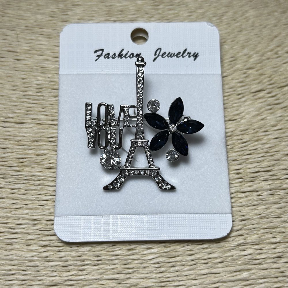 Брошка «Париж» — сребрист метал, стрази и сини кристали 40×35 мм +