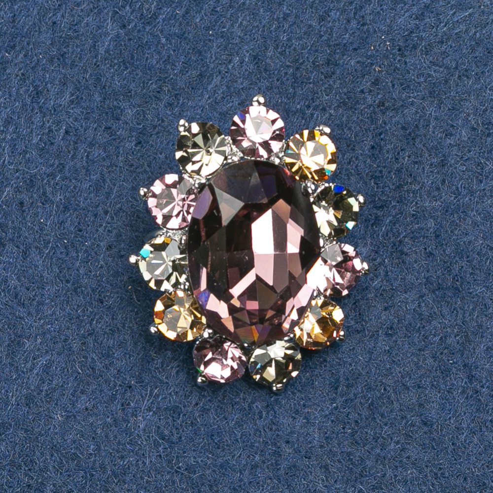 Брошка «Акцент» с камък Маркиз, цвят лилаво-жълт, 30×24 мм, сребрист метал