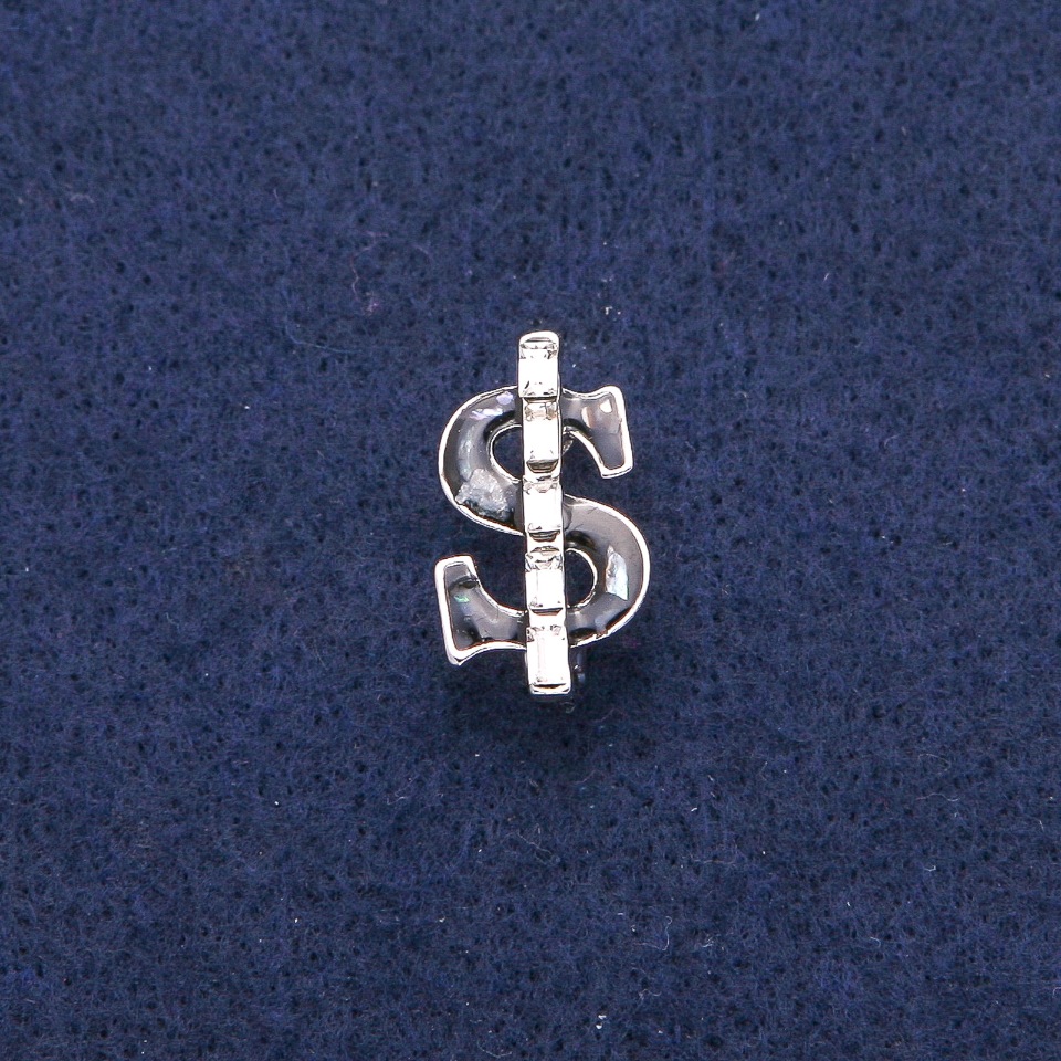 Брошка Долар с черна емал и перламутър халиотит, бели кристали, сребрист метал 12х21 мм