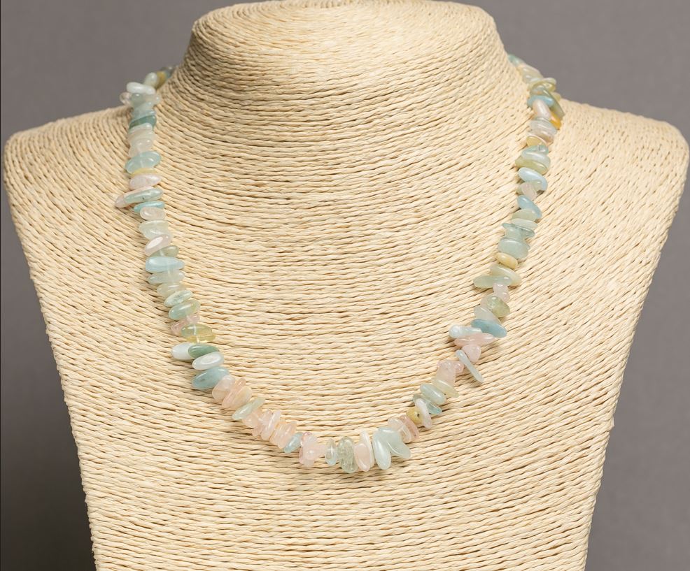 Ожерелие от морганит, естествен камък, галтовани мъниста, диаметър 9×4 мм, дължина 45–47 см +