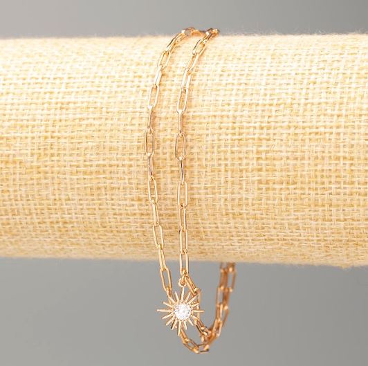 Гривна Xuping позлата 18K, дължина 18–21 см, дебелина около 2 мм, със слънце и бели камъни