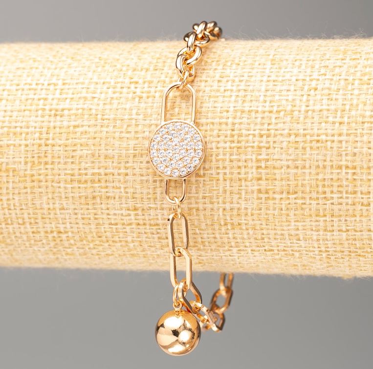 Гривна Xuping позлата 18К, дължина 20 см, дебелина на звената около 5–6 мм ±, с бели стрази