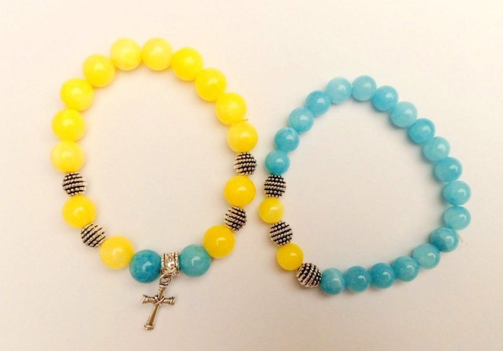 Гривна „Украйна“ двойна, аквамарин и цитрин (изкуствен акрил) с гладък мънистен дизайн и сребърни вложки на ластик, дължина 18 см+