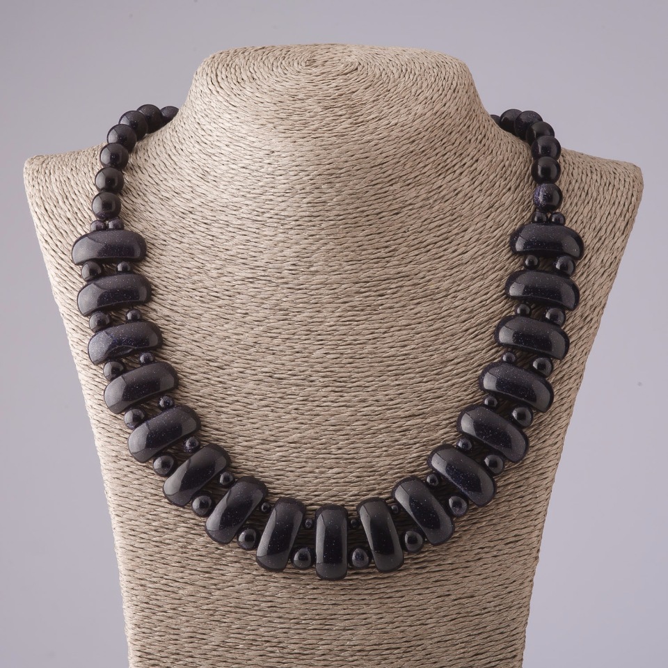 Ожерелие Клеопатра от авантюрин «син пясък на нощта на Кайро» ланка 12×25 мм и топче 10 мм, дължина 50 см