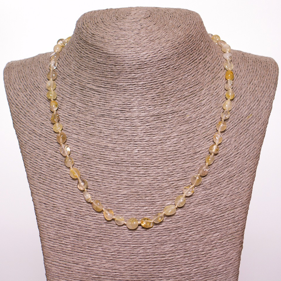 Намисто от рутилий кварц «Космат» с овални мъниста, „галтуване“ в бяло злато, диаметър 6 мм (±), дължина 50 см