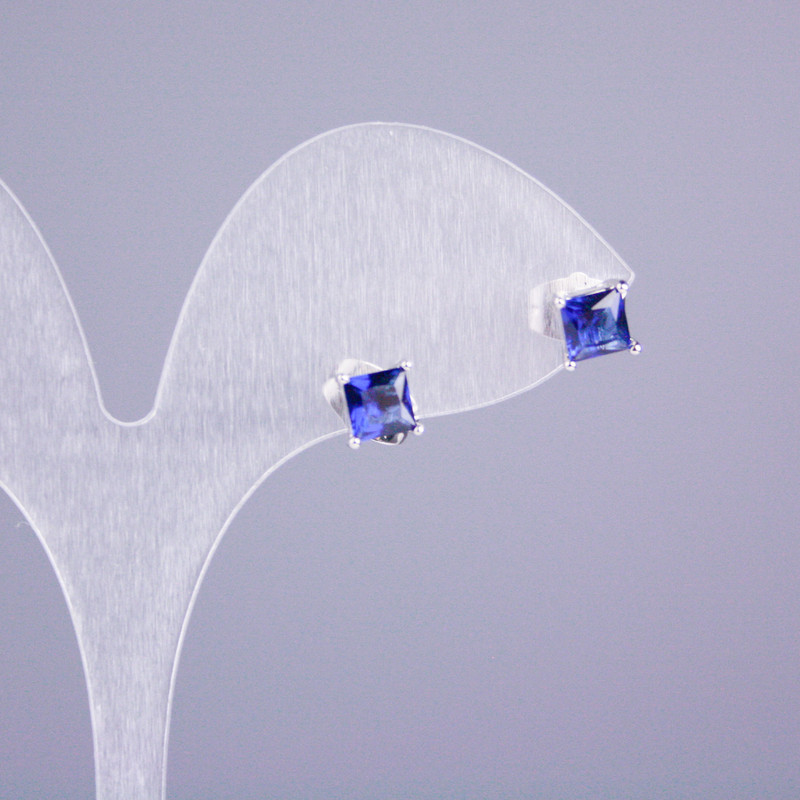 Обици пусети Xuping родий със син камък, квадратни 5×5 мм, дължина 16 мм